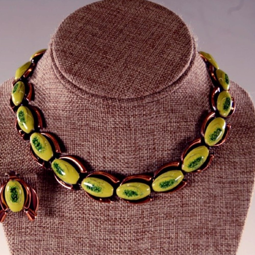 vintage costume jewelry copper and enamel parure